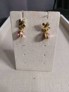 lot 5942 image: Gold Tone Drop Earrings with Pink Purple Cabochon Stones