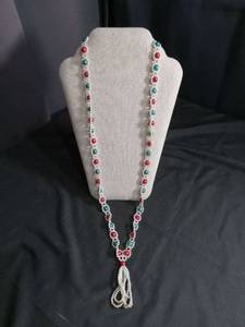 lot 5960 image: Long Pearl Necklace with Colored Stone Accents and Tassel