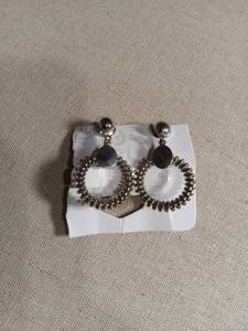 lot 5963 image: Silver Tone Drop Earrings with Black Stone and Textured Hoops