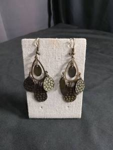 lot 5980 image: Bronze Tone Metal Chandelier Earrings with Textured Disc Charms