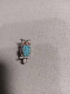 lot 50251 image: Silver Tone Owl Brooch with Turquoise and Red Stones