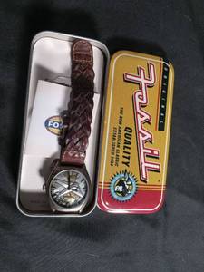 lot 50266 image: Fossil Watch with Braided Leather Strap and Original Tin Box