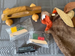 lot 20 image: Vintage Toys - Wood Car, Train Car and Whistles, Donkey Puppet