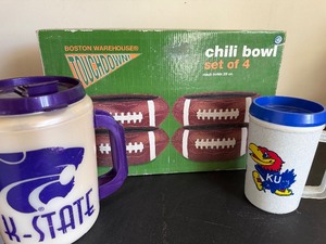 lot 285 image: Football Chili Bowls (appear new in box), K-State and KU Travel Mugs