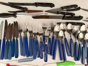 lot 48 image: Blue Flatware and Cutlery in a Plastic Storage Container