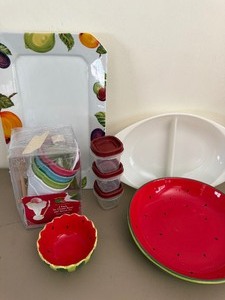 lot 63 image: Misc Kitchen Items, Platter, Storage, Ice Cream Set, Watermelon PlatterBowl, Pyrex Serving Dish