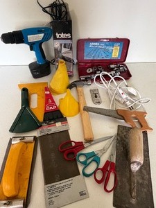lot 400 image: Misc Garage Shelf Contents - Drill, Tools and More