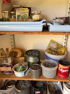 lot 412 image: Contents of Shelves (3) in Garage, Hardware, Wheels, Nuts and Bolts