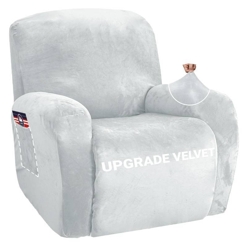 lot 1678 image: ZNSAYOTX Stretch Velvet Recliner Cover 4-Pieces, Thick Soft Recliner Chair Slipcover with Pocket, Non-Slip Elastic Bottom for Kids Pets, Luxury Plush Reclining Protector Comfy Washable (Silver Grey) - Retail $39