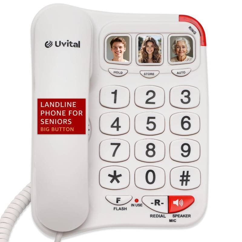 lot 2627 image: Uvital Big Button Phone for Seniors - Simple Basic Telephone for Elderly, White Telephone Landline Phones, Home Phone for Seniors - Amplified Ringer  Loud Speaker  One-Touch Dial Photo Button - Retail $33