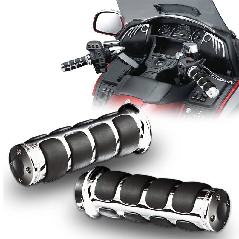 lot 2642 image: DREAMIZER Motorcycle Hand Grips Universal Non-Slip Handgrips Handlebar Grips Chrome Black Aluminum Rubber(125mm Diameter Bars) - Retail $30
