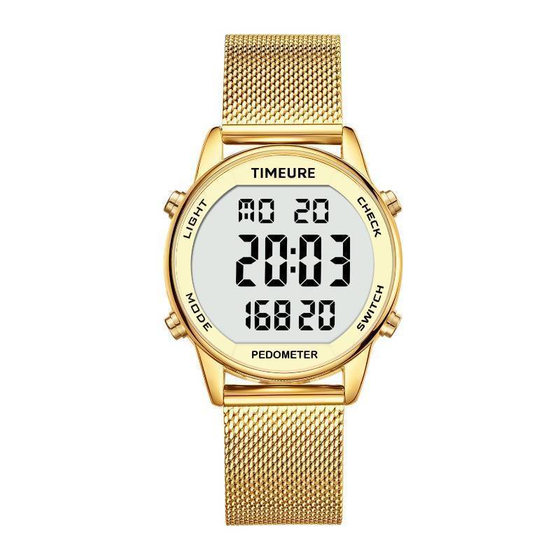 lot 2775 image: TIMEURE Womens Step Counter Watch with Stainless Steel Bracelet, Stylish Design, No App, No Charging Needed for Step, Calorie, Distance, Alarm, Countdown Timer TU-2401(Gold) - Retail $33