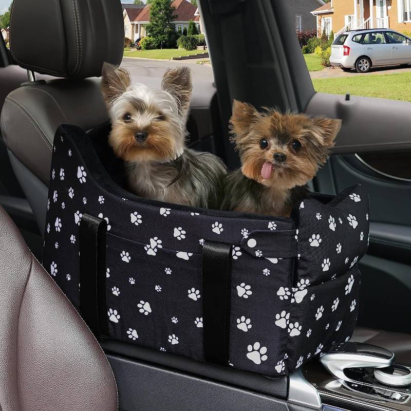 lot 3107 image: Dog Car Seat for Console - Memory Foam Pet Booster Seat for Small Medium Dogs Up to 21 lbs - SUV Truck Center Console Dog Seat with Safety Leash & Storage Pockets - Washable Cover (Large Black) - Retail $50