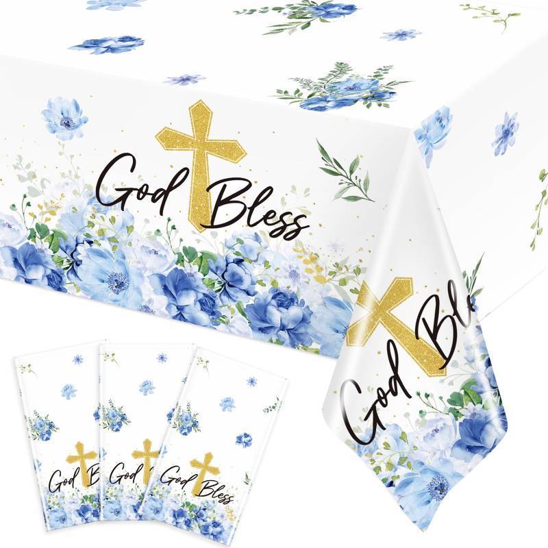 lot 3132 image: Ganeen 2 Pcs Baptism Tablecloth First Holy Communion Tablecloth Blue Boy God Bless Disposable Plastic Waterproof Cross Table Covers for Christening Baby Shower Religious Decor, 54 x 108 Inch - Retail $13