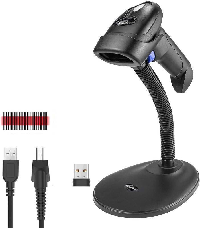 lot 3156 image: NetumScan 1D Wireless Barcode Scanner with Stand, 2-in-1 2.4G Cordless & USB Wired Barcode Reader, Handheld CCD Barcode Gun for ScreenPaper Scan, Work with Windows Mac for Inventory Warehouse Store - Retail $35