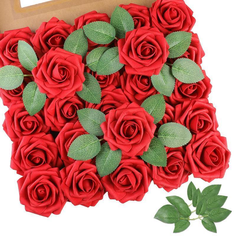 lot 3168 image: AmyHomie 25pcs Real Looking Artificial Red Roses wStem for DIY Wedding Bouquets Centerpieces Arrangements Party Baby Shower Valentines Day Christmas Tree Decorations - Retail $20