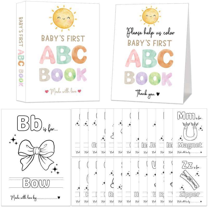 lot 3169 image: Babys First ABC Book Baby Shower Activity, Boho Sun Baby Shower Guest Book Alternative with Alphabet Coloring Pages, Educational Keepsake & Activities, Sunshine Baby Shower Games Craft Kit - Retail $21