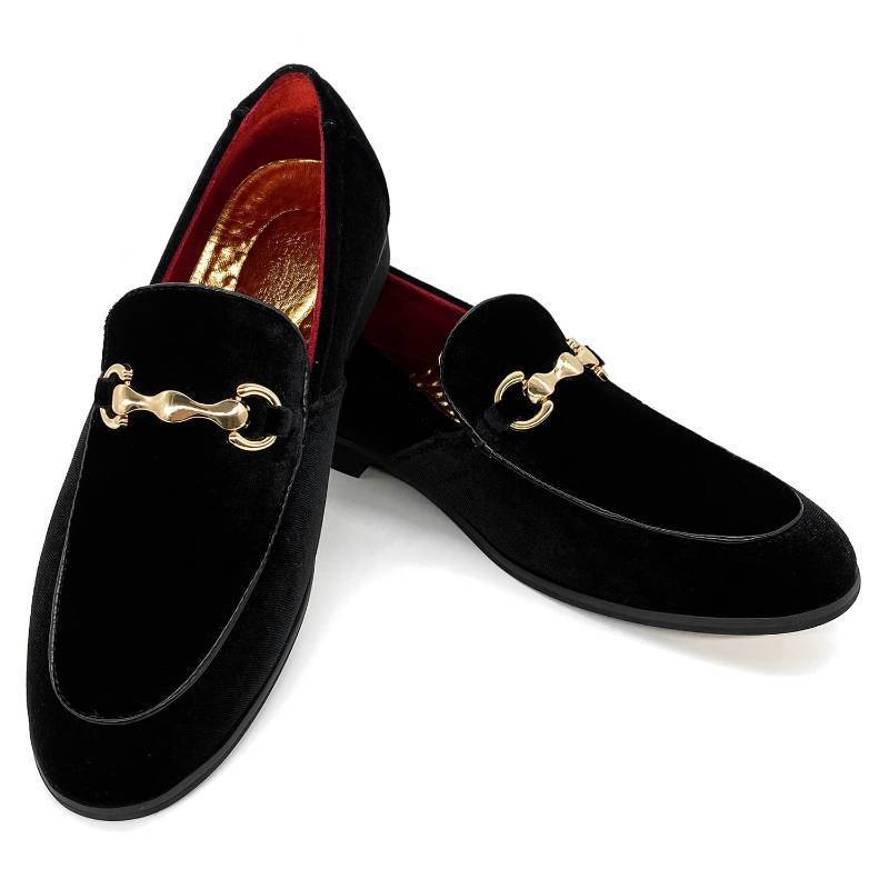 lot 3176 image: MHB Mens Penny Slip-On Velvet Loafers Fashionable Dress Shoes for Men Glitter Smoking Slipper Black and Gold Size 8.5 - Retail $50