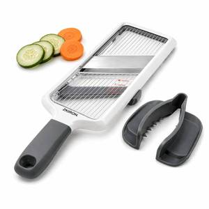lot 5018 image: ZKIRON Handheld Mandoline Slicer for Kitchen - Adjustable 3-Thickness (1mm-3mm) Slicer Vegetable Cutter with Safety Hand Guard Potato Onion Tomato & Cucumber Slicer for Salad, Easy to Clean (Gray) - Retail $14