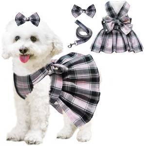 lot 5027 image: Dog Dress Bowknot Harness Leash Set for Small Dogs Girl Cute Plaid Dog Dress Pearls Bow Tie Spring Summer Princess Clothes Birthday Holiday Doggie Outfits for Puppy Cats Girl Apparel (Black, Medium) - Retail $13