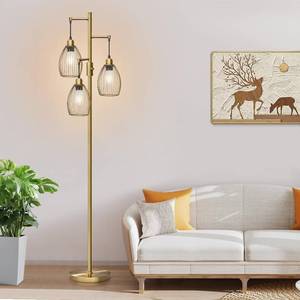 lot 5031 image: Dimmable Floor Lamp, 3 x 800LM LED Edison Bulbs Included, Farmhouse Industrial Floor Lamp Standing Tree Lamp with Elegant Teardrop Cage Tall Lamps for Living Room Bedroom Office Dining Room-Brass - Retail $60
