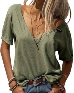lot 5032 image: Danedvi Women Fashion Deep V-Neck Short Sleeve Tops Solid Casual Loose Basic T Shirt Army Green medium  - Retail $10