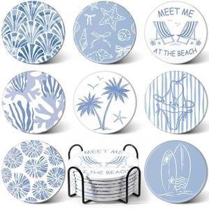 lot 5034 image: Rtteri Coastal Coasters for Drinks Set of 8 Blue Ocean Beach Starfish Shells Absorbent Ceramic Coaster with Cork Base and Metal Holder for Coastal Coffee Table Beach House Decoration Housewarming Gift - Retail $17