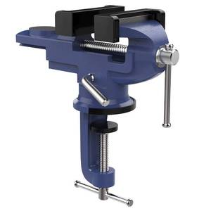 lot 5047 image: Nuovoware Table Vise 3 Inch, 360° Swivel Base Universal Home Vise Portable Bench Clamp, Clamp-on Vise Bench Clamps Fixed Tool for Woodworking, Metalworking, Cutting Conduit, Drilling, Sawing, Blue - Retail $24