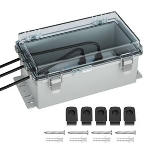 lot 5056 image: Joinfworld 9x5x4.3 Outdoor Extension Cord Cover for Outside Waterproof Outdoor Electrical Box Outlet Plug Cover Cord Protector Plastic Connection Box for Power Strip Lights Pump Controllers - Retail $25