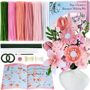 lot 5078 image: 540Pcs Pipe Cleaners Craft, 6 Colors Pipe Cleaners Bulk with 15 Designs Guiding Book, Flower Making Kit with Chenille Stems, Floral Wires & Tape, DIY Bouquets and Party Decorations, (Pink, 12in x 7mm) - Retail $18