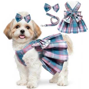 lot 5085 image: Dog Dress Bowknot Harness Leash Set for Small Dogs Girl Cute Plaid Dog Dress Pearls Bow Tie Spring Summer Princess Clothes Birthday Holiday Doggie Outfits for Puppy Cats Girl (Lake Blue, Medium) - Retail $13