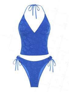 lot 5121 image: seamoly Womens Tankinis Terry Cloth Jacquard Floral Halter Tie Side Tankini Set, Blue, L - Retail $33