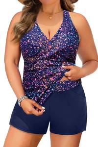 lot 5139 image: Plus Size Tankini Swimsuit for Women - Two Piece Tummy Control Bathing Suit Tankini Top with Two Pockets Shorts Starry Sky XL - Retail $42