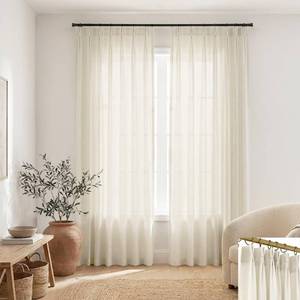 lot 5144 image: SHINELAND 105 Inch Pinch Pleated Linen Curtains, Designed for 104-106 Long Floor Length Hanging, Light Filtering Semi Sheer Panel for Living Room Track System, Cream - Retail $46