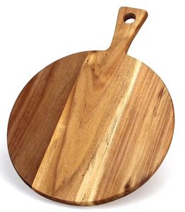 lot 5146 image: Round Acacia Wood Cutting Board with Handle - Retail $19