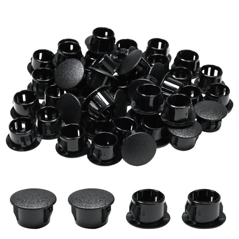lot 4336 image: BOPOREAE 50PCS 12 In13 mm Plastic Hole Plugs Black, Flush Type Panel Plugs Snap in Locking Hole Tube Plug Knockout Seal Steel Furniture Cabinet Fencing Post Pipe Insert End Caps - Retail $9