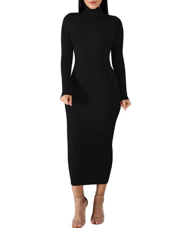 lot 4365 image: BORIFLORS Womens Sexy Basic Long Sleeve Turtleneck Bodycon Party Long Pencil Dress,Large,Black - Retail $27