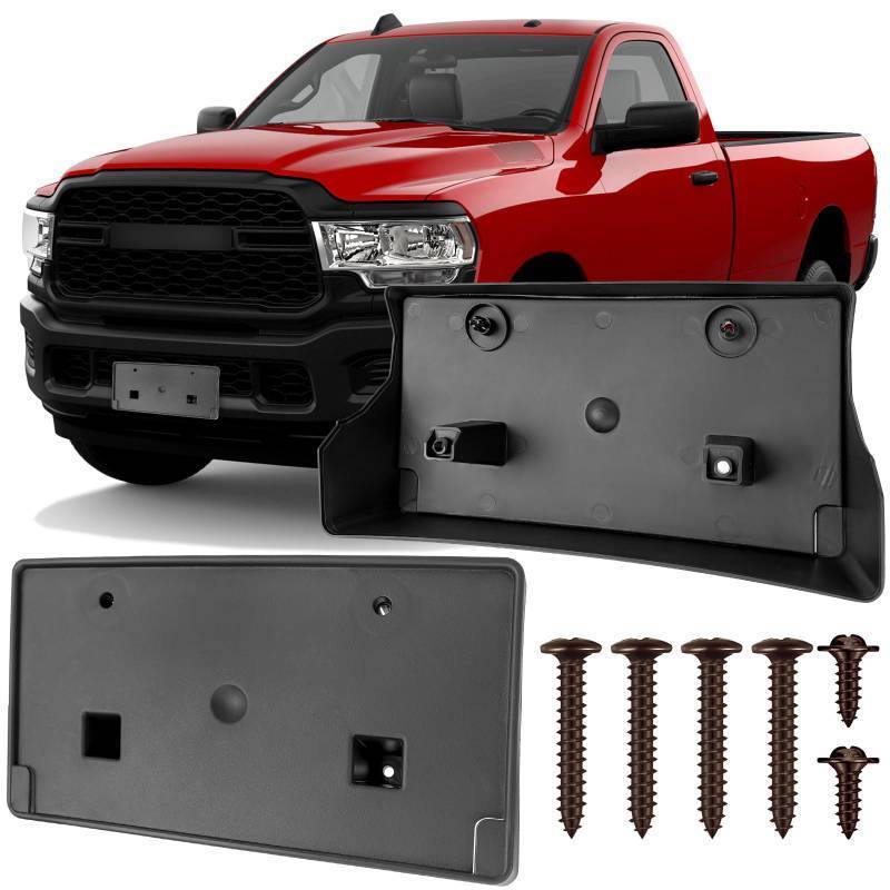 lot 4396 image: Jogscay License Plate Bracket Accessories for RAM 2500 3500 4500 5500 2019 2020 2021 2022 2023 2024 2025, Front Bumper License Plate Holder Replacement Frame Black Mount - Retail $25