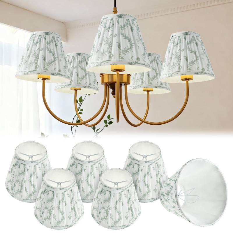 lot 4434 image: VIHOSE 6 Pcs Pleated Chandelier Lamp Shades 3 Top x 5.5 Bottom x 4.7 Slant Small Lampshades Clip on Bulb Classic Pleated Style Bulb Covers for Wall Sconces Pendant Lighting(Green Floral) - Retail $38