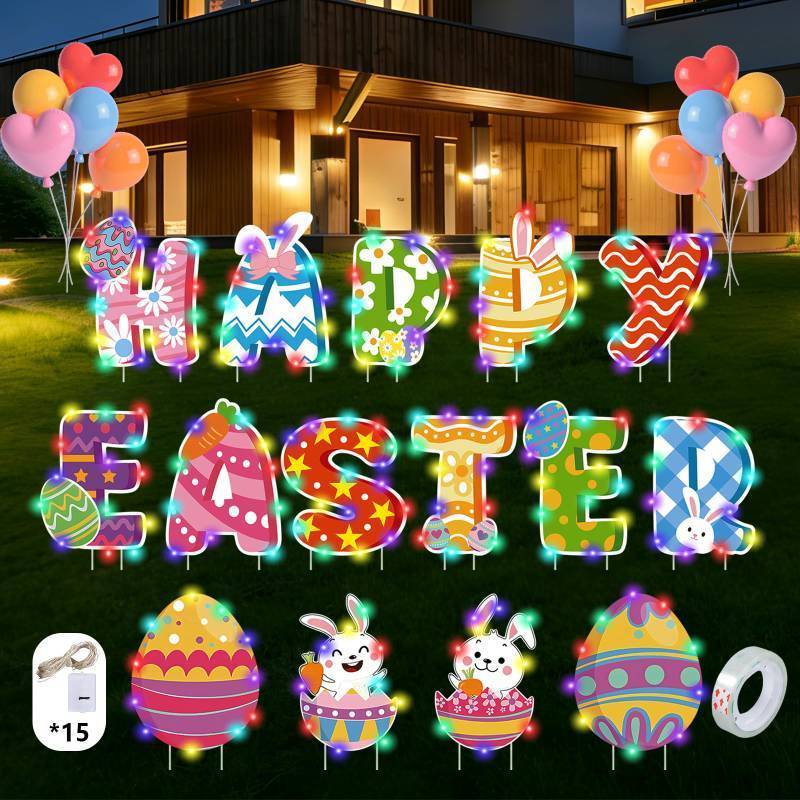 lot 4437 image: 15 PCS Easter Yard Outdoor Decorations with Led Light, PP Safe Material Waterproof Outdoor Lawn Signs with Stakes for Party Supplies Garden Spring Home Decor - Retail $13