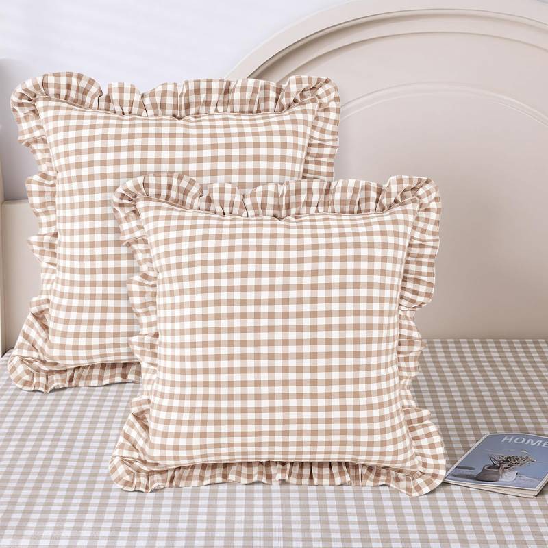 lot 4441 image: Kathfly 2 Pcs TaupeWhite Plaid Ruffle Throw Pillow Covers Farmhouse Checkered 20 x 20 Washed Cotton Pillowcases Couch Gingham Pillow Shams for Living Room Bed, No Inserts - Retail $18