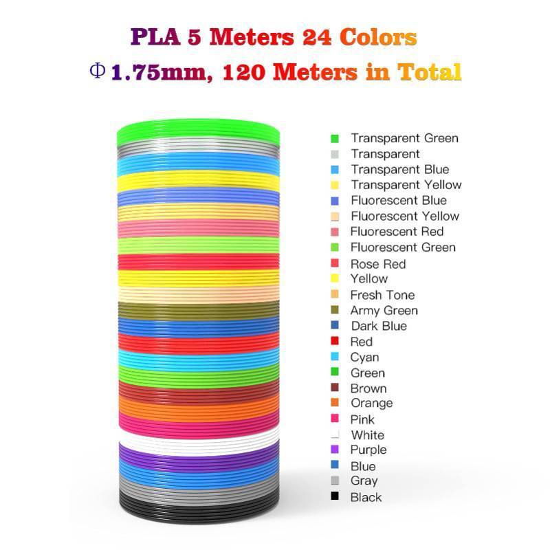 lot 4442 image: 24 Assorted Colors 3D Pen Filament Refills PLA 1.75mm, Each Color 5 Meters (16 Feet), dikale 3D Printing Pen Filament Packs for Kids, Total 120 Meters-Bonus 250 Stencils eBooks - Retail $14
