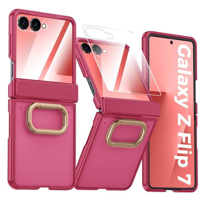 lot 4493 image: Vizvera for Samsung Galaxy Z Flip 7 Case with Ring HolderSlim DesignScreen ProtectorHinge Protection Translucent Matte Shockproof Protective Phone Case for Galaxy Z Flip 7(Ring Magenta) - Retail $20