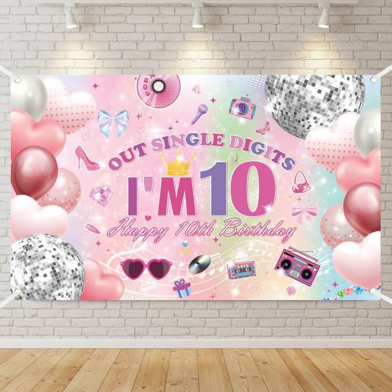 lot 4502 image: 10th Birthday Backdrop Decorations for Girl 71 x 43 Inch Pink Happy Birthday Backdrop for 10 Years Old Girl Double Digits Era Party Decor Large Ten Birthday Poster Background Photo Booth - Retail $10