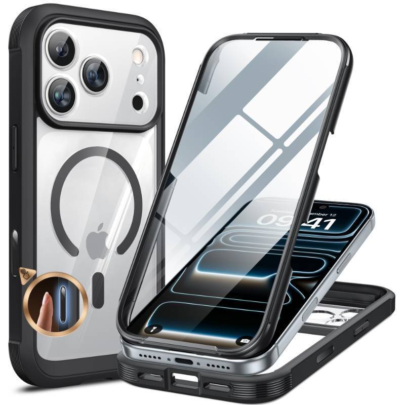 lot 4505 image: Miracase for iPhone 17 Pro Case 6.3, Full-Body Bumper Military Drop Protection Outdoor Phone Case with Built-in Glass Screen & Full Camera Protector,Camera Control,Compatible with MagSafe,Black - Retail $22