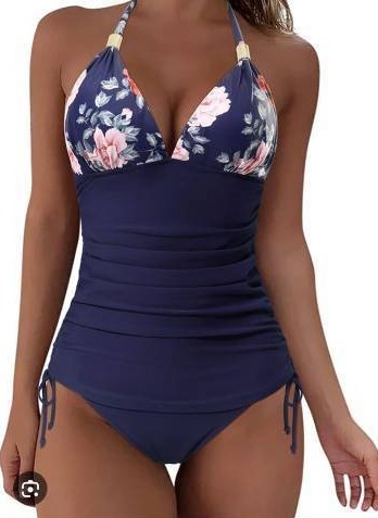 lot 4559 image: Womens Navy Blue Floral Halter Tankini Swimsuit Medium  - Retail $25
