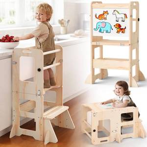 lot 5213 image: 4-in-1 Toddler Kitchen Step Stool, Foldable Learning Standing Tower with Whiteboard, Wooden Kitchen Stool Helper for Kids, 1-3 Year Old Boy Girl Gifts - Retail $60
