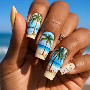 lot 5218 image: Summer Press on Nails Medium Coffin Fake Nails Coconut Tree Tropical Beach Stick on Nails Cute False Nails with Designs Palm Tree Acrylic Press on Nails Reusable Glue on Nails for Women Girls - Retail $12