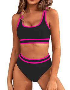 lot 5235 image: BMJL Womens High Waisted Bikini Sets Sporty Two Piece Swimsuit Color Block Cheeky High Cut Bathing Suits(M,Black Pink) - Retail $37