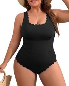 lot 5238 image: Charmo Plus Size Tummy Control Swimsuit One Piece Scallop Trim Ribbed Ruched Full Coverage Bathing Suits for Curvy Women Black 1X - Retail $35